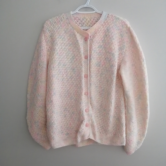 Vintage Hand Knit Pastel Multicolour Button Up Cardigan Size Medium - Picture 2 of 16